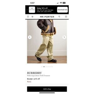 BURBERRY Wide-Leg‎ Cotton-Twill Trousers Size 10